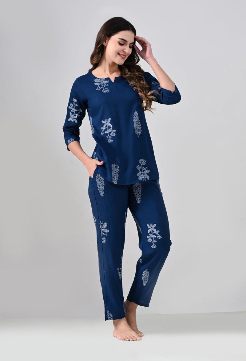 Ichaa Women Rayon Printed Night Wear Top and Bottom Night Suit Set, Blue, Small - Image 5