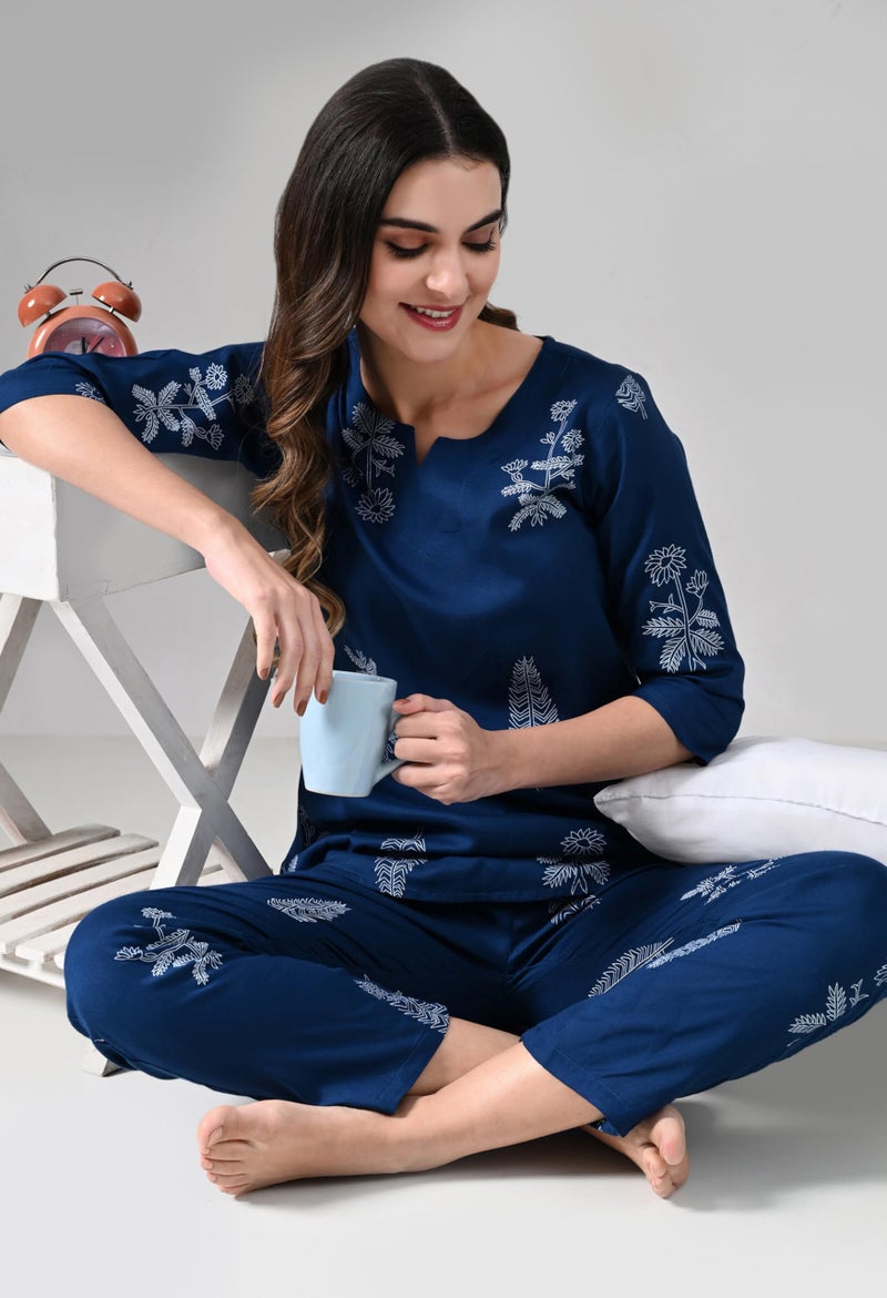 Ichaa Women Rayon Printed Night Wear Top and Bottom Night Suit Set, Blue, Small - Image 3
