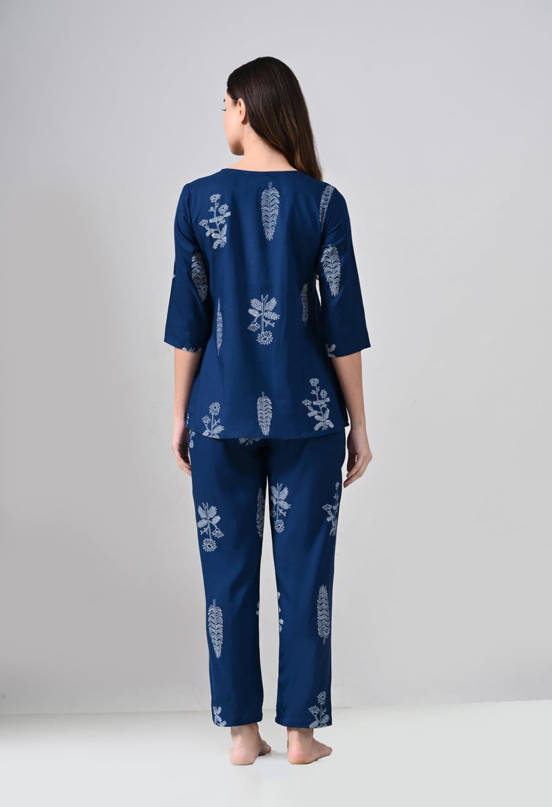 Ichaa Women Rayon Printed Night Wear Top and Bottom Night Suit Set, Blue, Small - Image 2