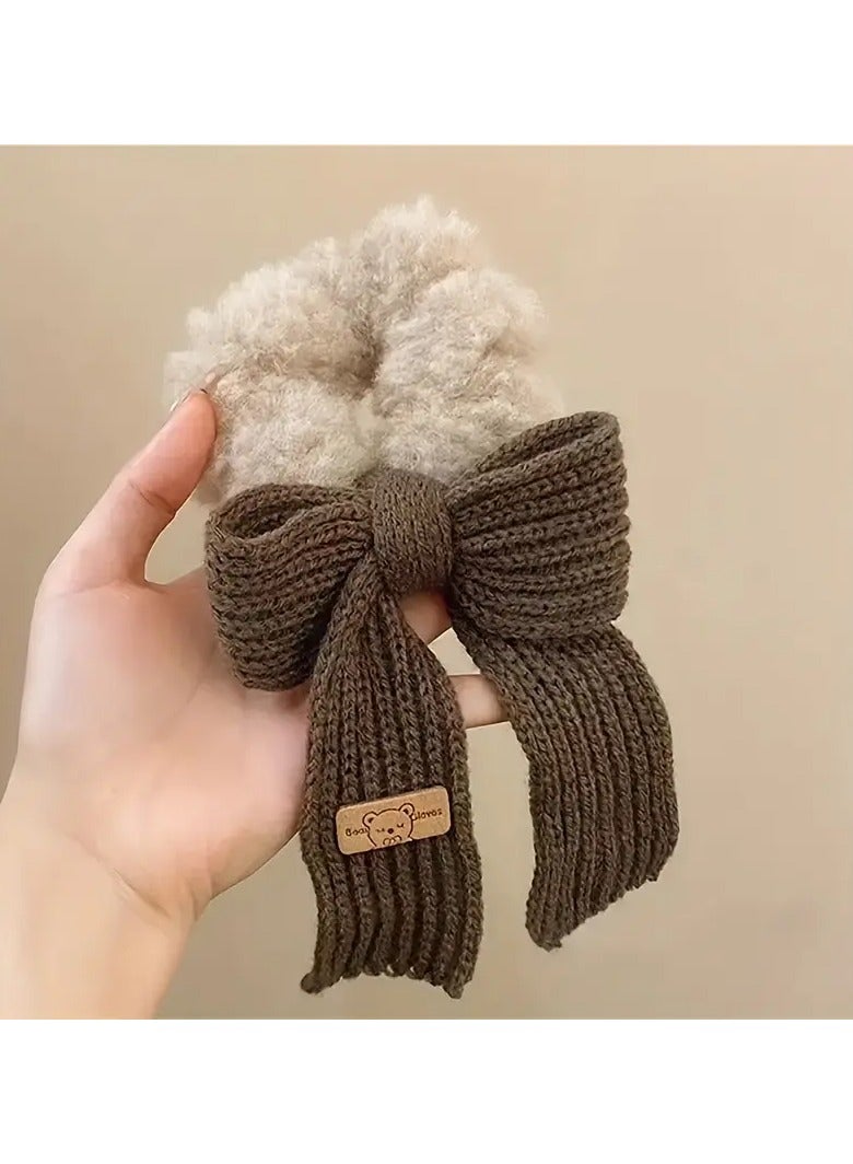 Goolsky Fuzzy Scrunchies Big Bow Hair Bands Soft Brown Elastic Hair Ties for Thick Thin Hair Cute Stretchy Hair Rope Kawaii Faux Fur Fluffy Hair Ponytail Holders Hair Accessories for Women Girls - Image 1