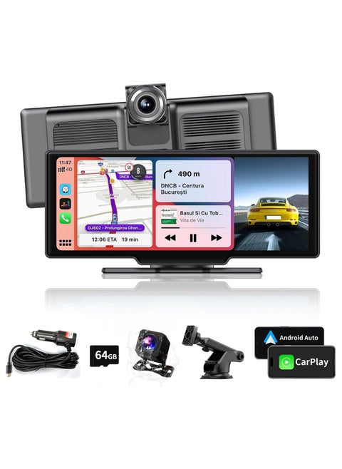 Wireless Apple CarPlay Android Car Stereo, Portable 10.26 Inch Car Touch Screen, 4K Dash Cam 1080p Backup Camera DVR, Drive  Navigation with Mirror Link/Siri/FM/Bluetooth