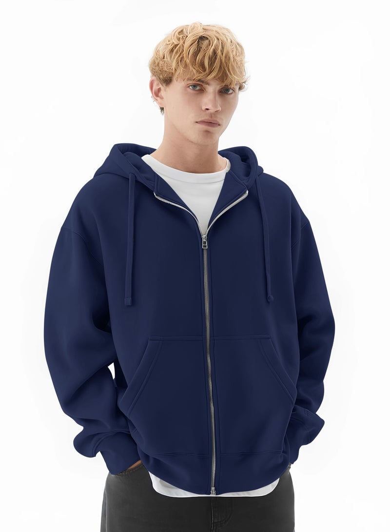 Maniac Mens Solid Hooded Neck Full Sleeve Full Zipper Open Navy French Terry Loose fit Sweatshirt - Image 1