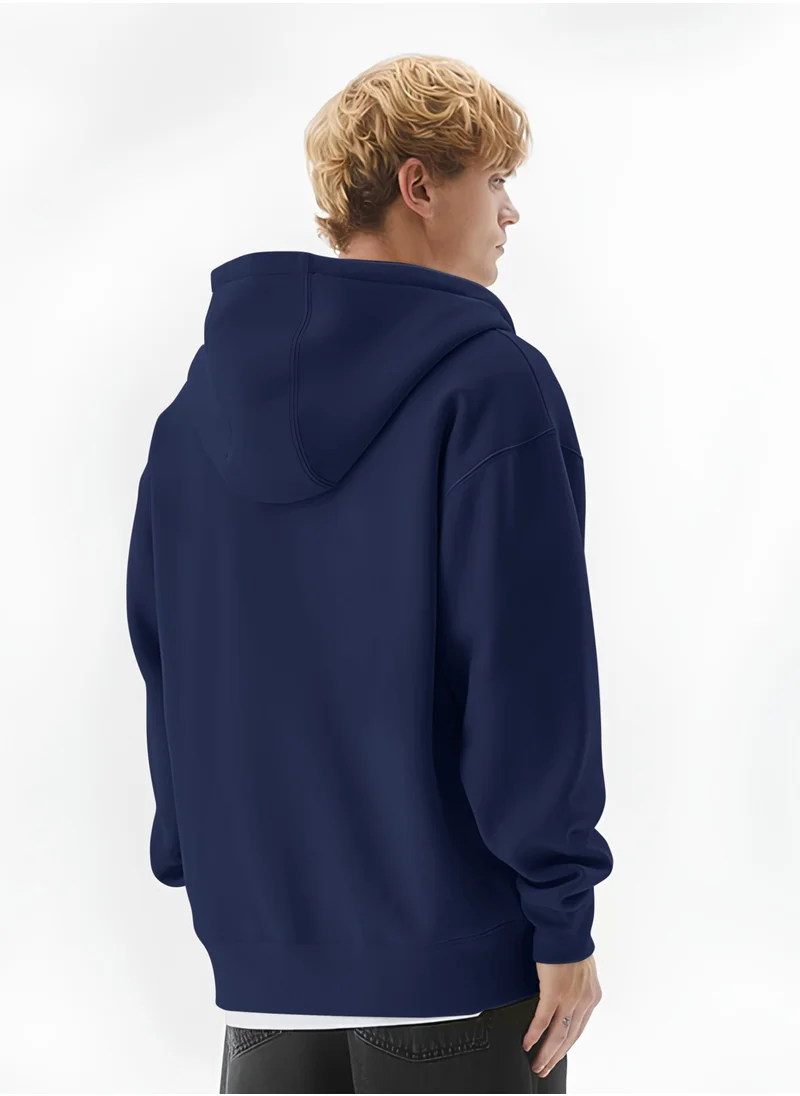مانياك Maniac Mens Solid Hooded Neck Full Sleeve Full Zipper Open Navy French Terry Loose fit Sweatshirt