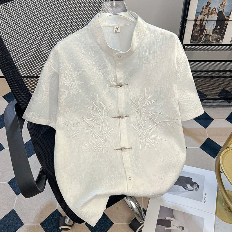 New Chinese-style airplane button long-sleeved shirt, men's national style, high-end sense, jacquard embroidery, stand-up collar, Tang suit, loose shirt jacket - Image 2