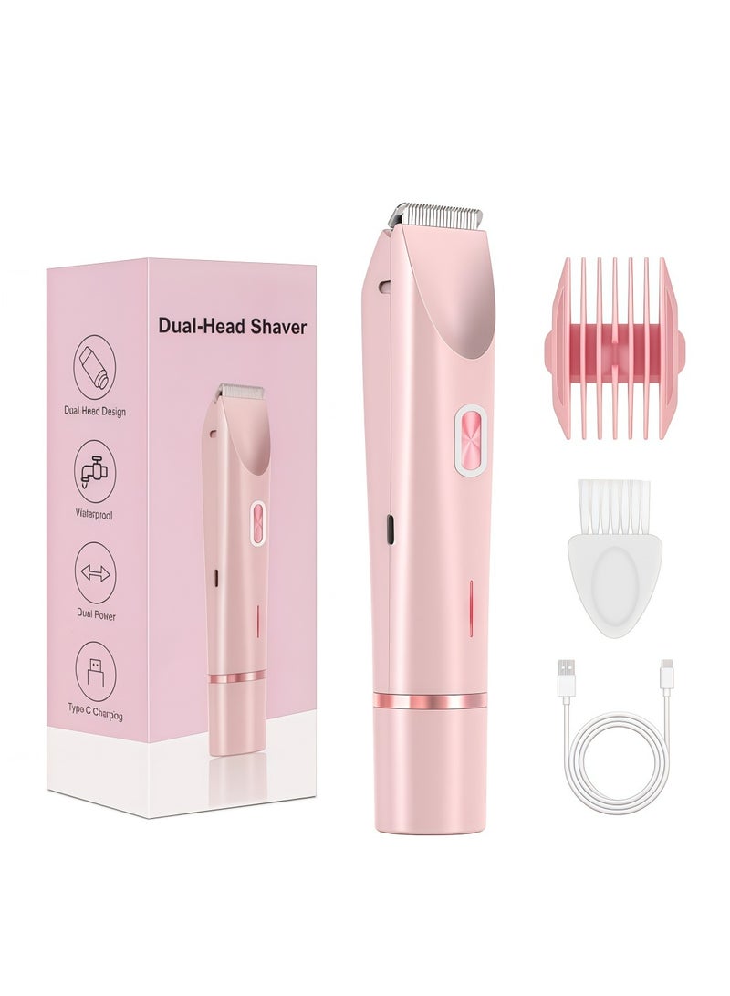 2 in 1 Bikini Trimmer for Women, Electric Razor with Dual Head – Waterproof Painless Pubic Hair Shaver, Pink - Image 1