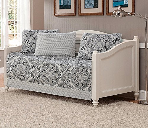 Linen Plus 5pc Daybed Cover Set Reversible Bedspread Medallion Print Light Grey White Black - Image 1
