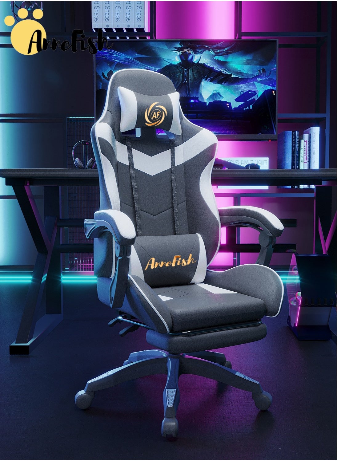 AnneFish Video Gaming Chair High Back Racing Ergonomic Computer With Neck and Lumbar Support Massage  Swivel Desk Office Chair Retractable Footrest for Gamers 