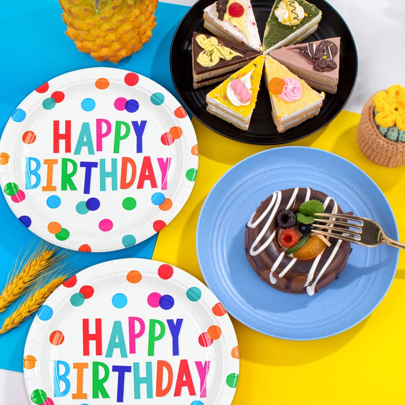 HFBOBP 50PCS Birthday Plates and Napkins Party Decorations, 7inch Colorful Dots Happy Birthday Dessert Plates Cake Plate Disposable Paper Tableware Dinnerware Set for Birthday's Party Supplies - Image 2