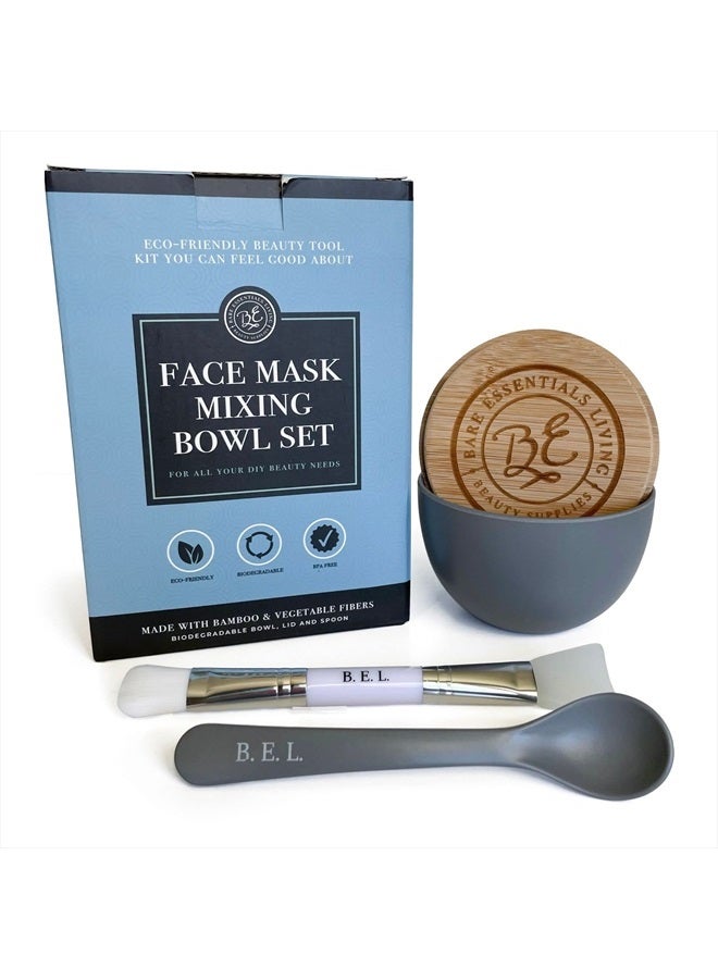 Bare Essentials Living Clay Face Mask Mixing Bowl Set- Kit with Bamboo Lid, Spoon, Dual Sided Face Mask Brush Applicator Soft Silicone Spatula and Face Mask Brush for DIY Clay Mud Mask, Facials, Body and Hair (Grey) - Image 1