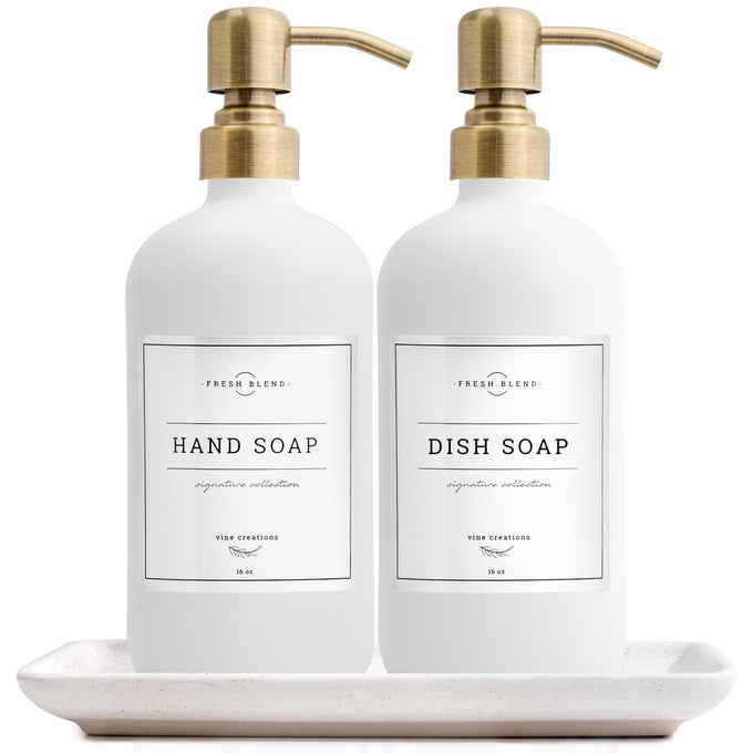 GLASS SOAP DISPENSER 2 PACK KITCHEN SOAP DISPENSER SET WITH CERAMIC TRAY STAINLESS STEEL PUMP DISH SOAP AND HAND SOAP DISPENSERS FOR BATHROOM OR KITCHEN DECOR WITH WATERPROOF LABELS