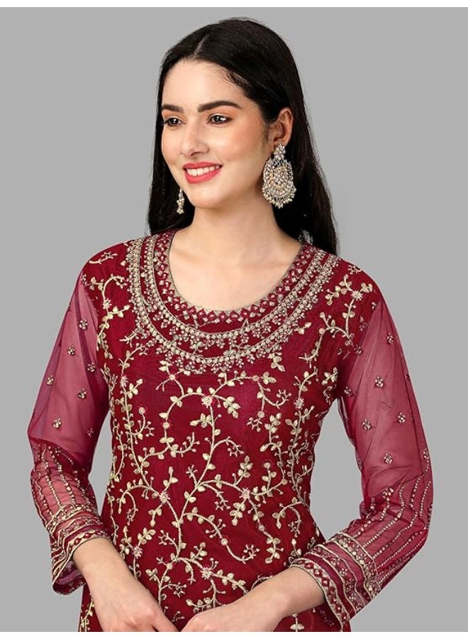 TRENDMALLS طقم بدلة نسائية من تريندمالز، مكون من قميص وتنورة مطرزة من التول مع شال.M - Image 4