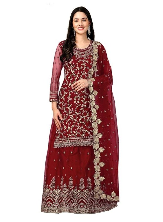 TRENDMALLS طقم بدلة نسائية من تريندمالز، مكون من قميص وتنورة مطرزة من التول مع شال.M - Image 1