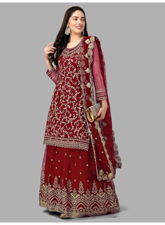 TRENDMALLS طقم بدلة نسائية من تريندمالز، مكون من قميص وتنورة مطرزة من التول مع شال.M - Image 2