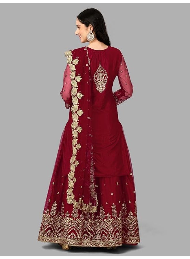 TRENDMALLS طقم بدلة نسائية من تريندمالز، مكون من قميص وتنورة مطرزة من التول مع شال.M - Image 3