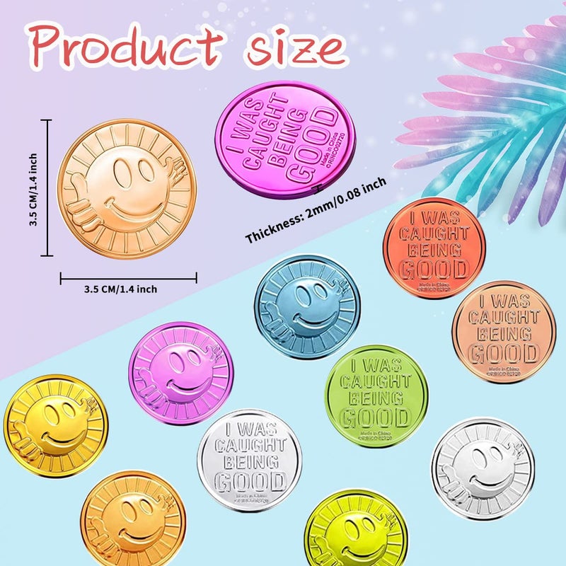 Geodurn 100 Pieces Smile Face Glod Coins, Colorful Plastic Reward Coins, for School Teacher Rewards and Behavior Incentives. Inscription Reading â€œI was Caught Being Goodâ€ on One Side - Image 2