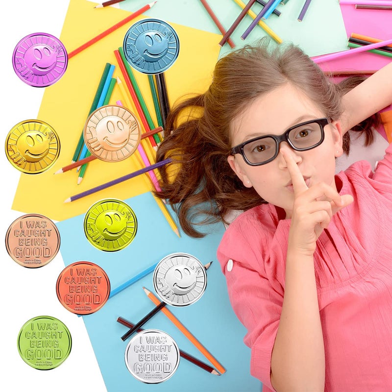 Geodurn 100 Pieces Smile Face Glod Coins, Colorful Plastic Reward Coins, for School Teacher Rewards and Behavior Incentives. Inscription Reading â€œI was Caught Being Goodâ€ on One Side - Image 5