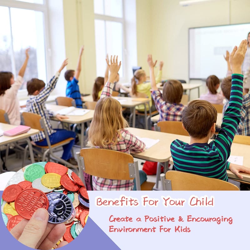 Geodurn 100 Pieces Smile Face Glod Coins, Colorful Plastic Reward Coins, for School Teacher Rewards and Behavior Incentives. Inscription Reading â€œI was Caught Being Goodâ€ on One Side - Image 4