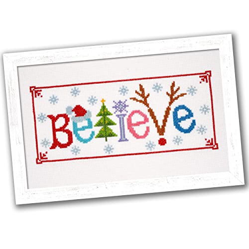 Povitrulya Counted Cross Stitch Kit Believe Embroidery Set for the Holidays Encouragement or Inspiring Everyday Possibilities with a Christmas Tree Snowflake Deer and Santa Hat - Image 1
