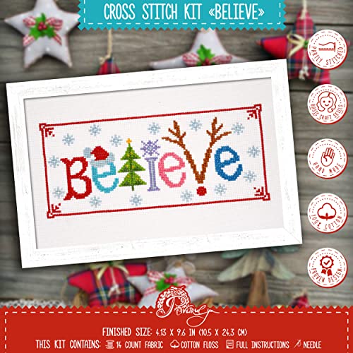Povitrulya Counted Cross Stitch Kit Believe Embroidery Set for the Holidays Encouragement or Inspiring Everyday Possibilities with a Christmas Tree Snowflake Deer and Santa Hat - Image 3