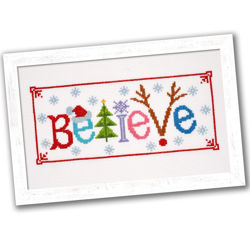 Povitrulya Counted Cross Stitch Kit Believe Embroidery Set for the Holidays Encouragement or Inspiring Everyday Possibilities with a Christmas Tree Snowflake Deer and Santa Hat - Image 2