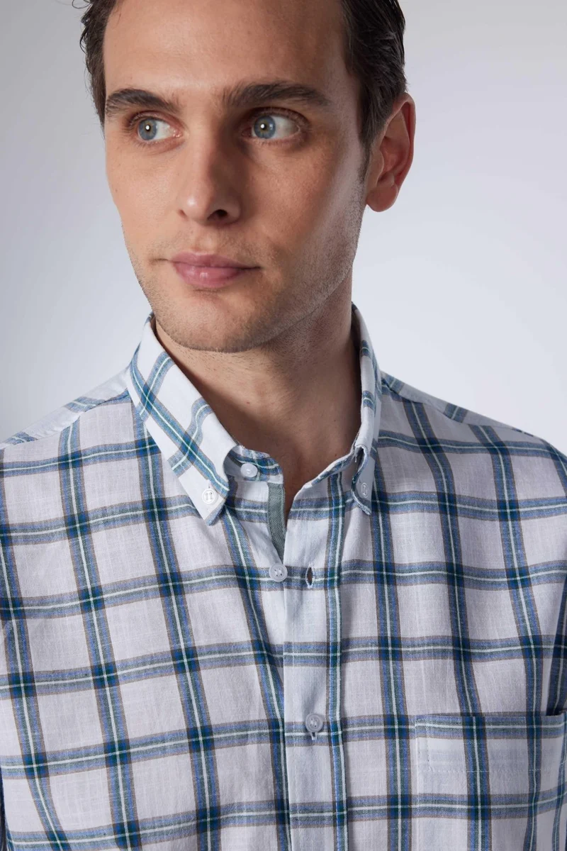 Tudors Classic Fit Short Sleeve Button Collar Single Pocket Checked Summer Linen Effect Men's Shirt