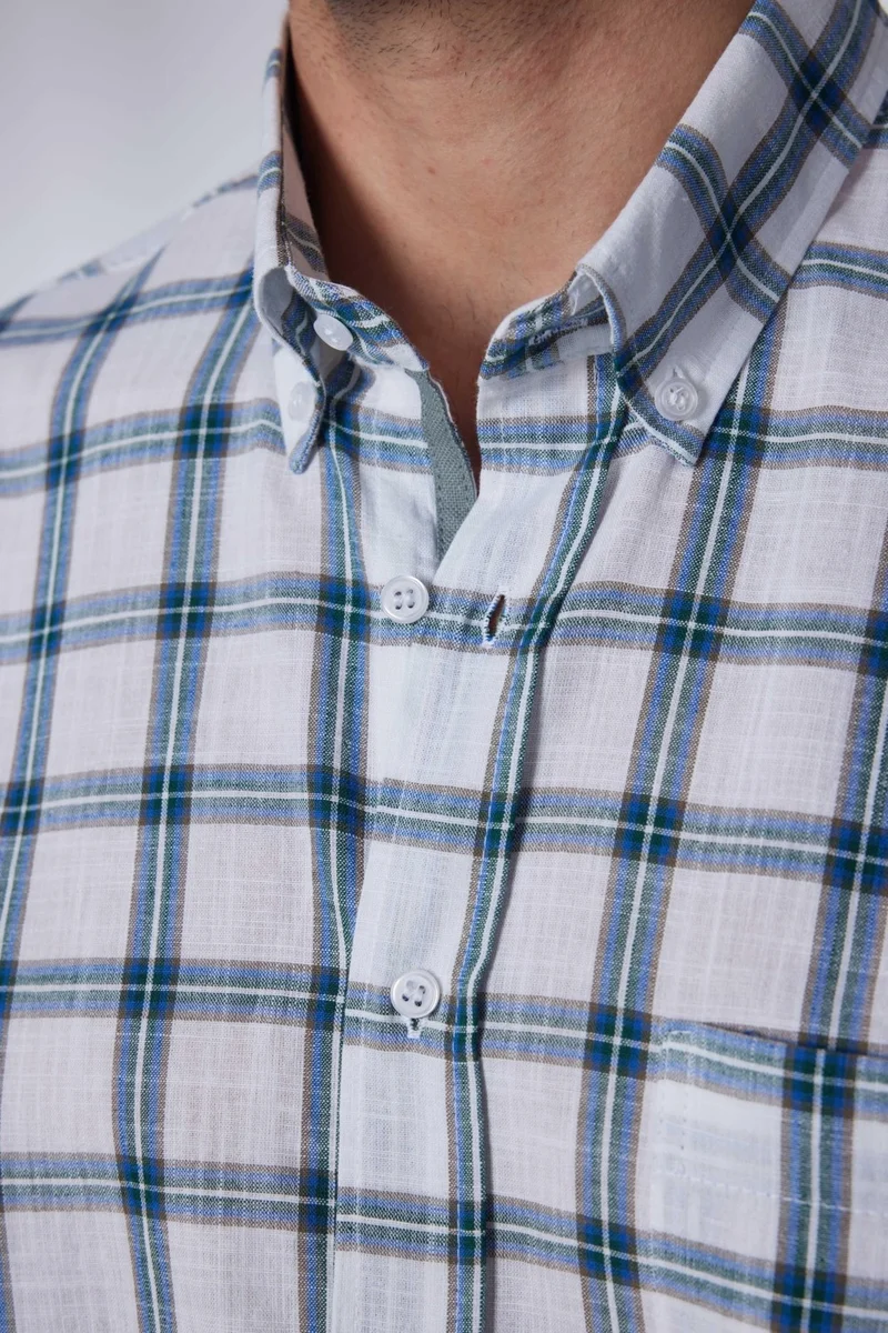 Tudors Classic Fit Short Sleeve Button Collar Single Pocket Checked Summer Linen Effect Men's Shirt