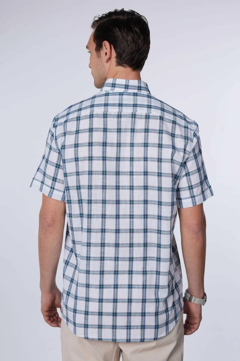 Tudors Classic Fit Short Sleeve Button Collar Single Pocket Checked Summer Linen Effect Men's Shirt