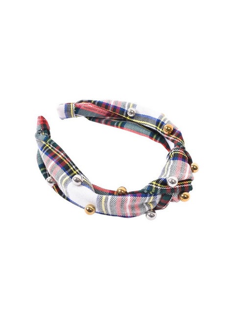 Christmas Knotted Headband For Women & Girls | Red & White Holiday Tartan Plaid With Metallic Pearls (Nutcracker)