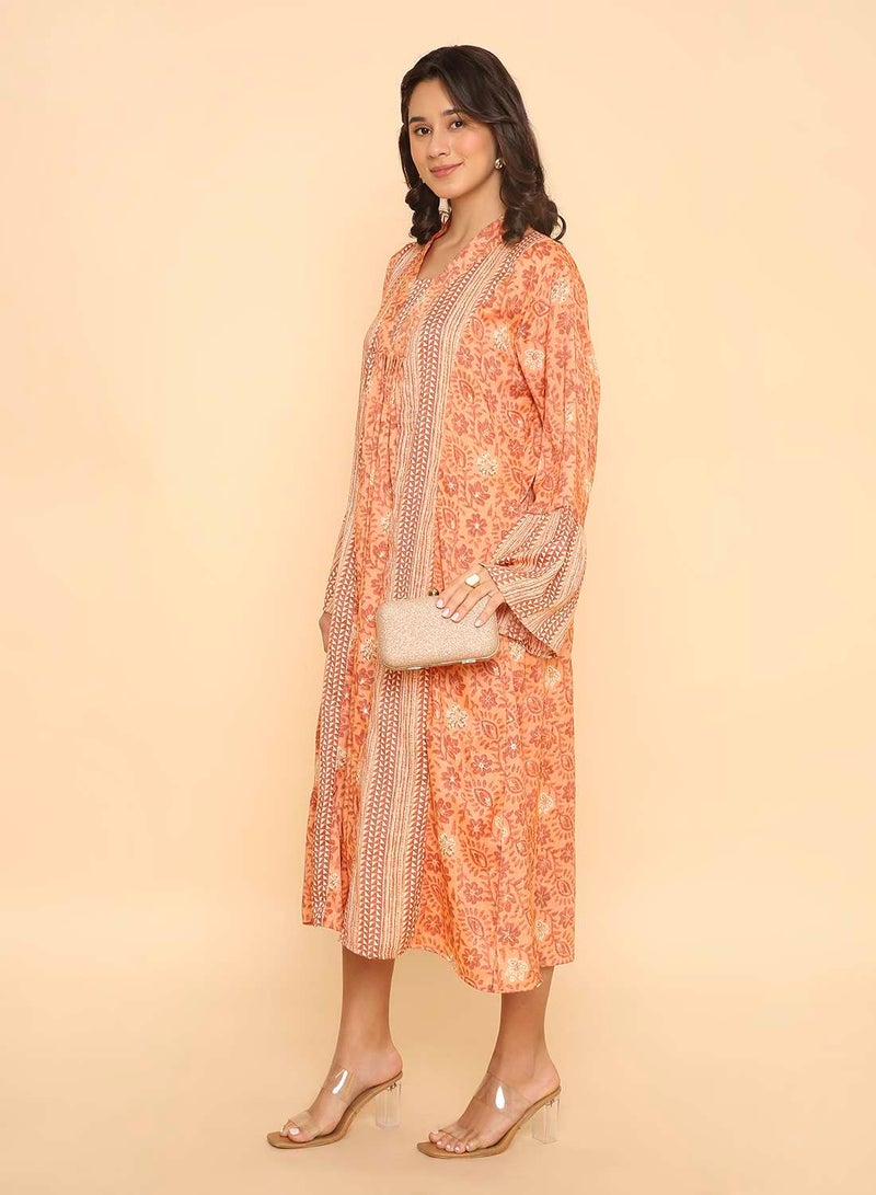HANA & SARA Light Orange Women's Printed Long Arabic Jalabiya Casual Ethnic Wear - Image 5