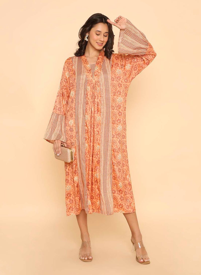 HANA & SARA Light Orange Women's Printed Long Arabic Jalabiya Casual Ethnic Wear - Image 1