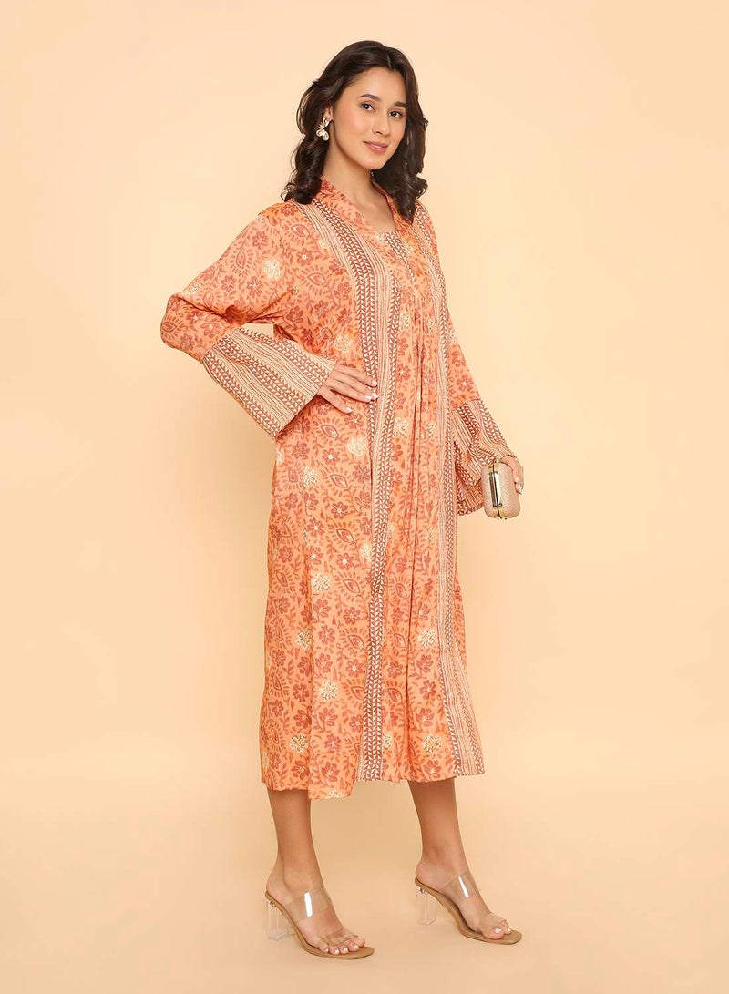 HANA & SARA Light Orange Women's Printed Long Arabic Jalabiya Casual Ethnic Wear - Image 4
