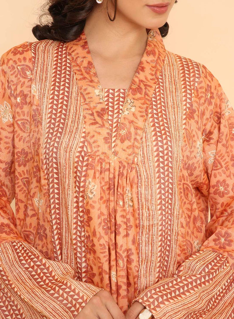HANA & SARA Light Orange Women's Printed Long Arabic Jalabiya Casual Ethnic Wear - Image 3