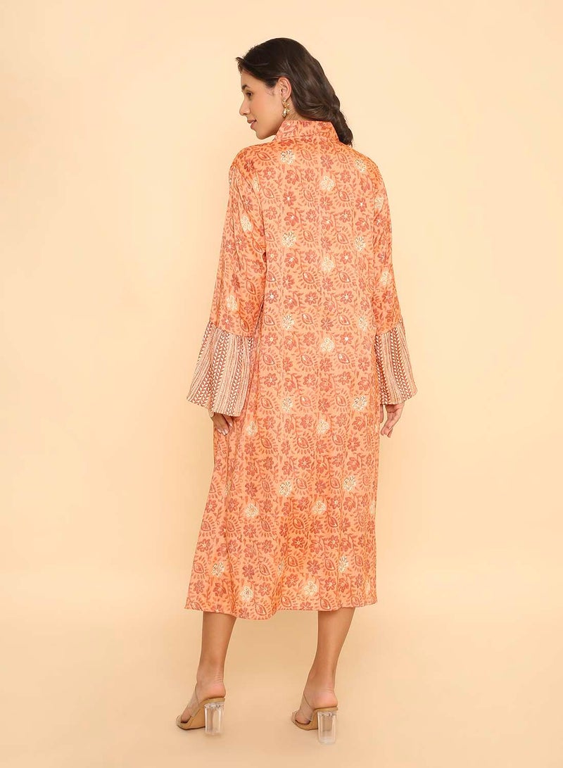 HANA & SARA Light Orange Women's Printed Long Arabic Jalabiya Casual Ethnic Wear - Image 2