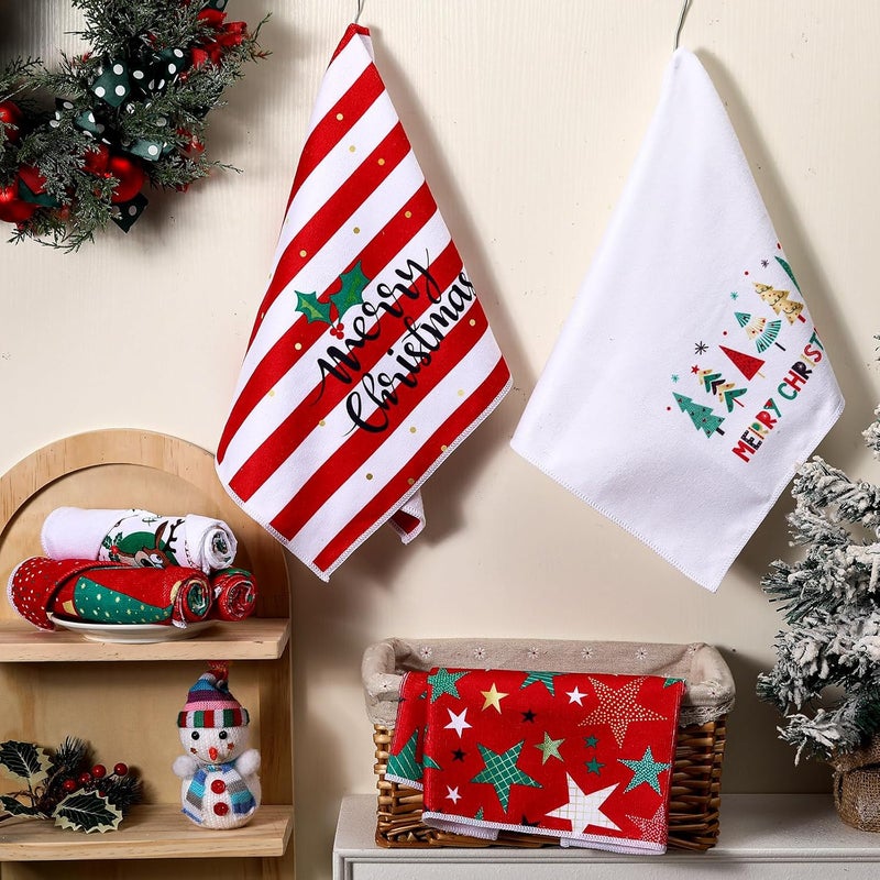 FuWeave 6 Pcs Christmas Kitchen Towels Red Green White Xmas Dish Towels 158 x 236 Inch Decorative Star Stripe Christmas Tree Hand Towel Farmhouse Tea Towel Kitchen Decor for Winter Housewarming Gift - Image 2