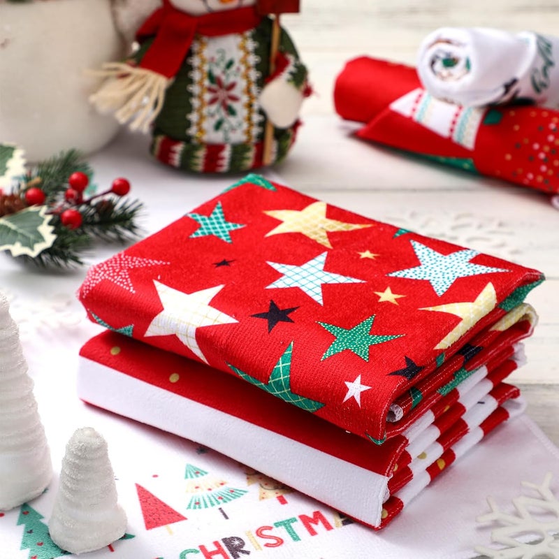FuWeave 6 Pcs Christmas Kitchen Towels Red Green White Xmas Dish Towels 158 x 236 Inch Decorative Star Stripe Christmas Tree Hand Towel Farmhouse Tea Towel Kitchen Decor for Winter Housewarming Gift - Image 5