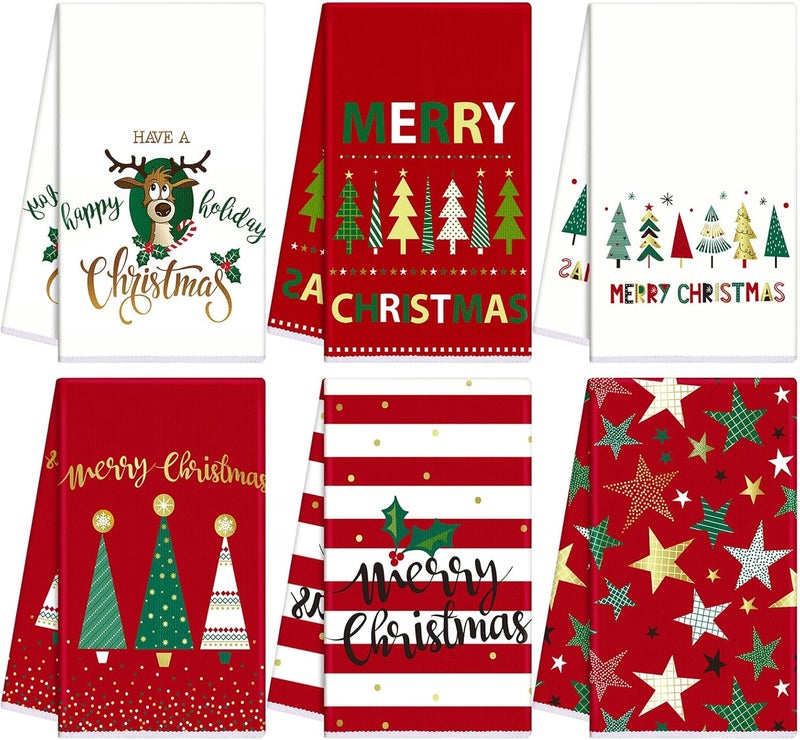 FuWeave 6 Pcs Christmas Kitchen Towels Red Green White Xmas Dish Towels 158 x 236 Inch Decorative Star Stripe Christmas Tree Hand Towel Farmhouse Tea Towel Kitchen Decor for Winter Housewarming Gift - Image 1