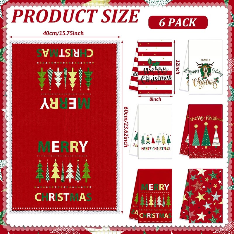 FuWeave 6 Pcs Christmas Kitchen Towels Red Green White Xmas Dish Towels 158 x 236 Inch Decorative Star Stripe Christmas Tree Hand Towel Farmhouse Tea Towel Kitchen Decor for Winter Housewarming Gift - Image 3