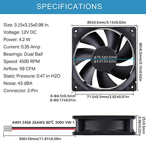 GDSTIME 4500RPM 8cm 80mm x 80mm x 25mm 12v Big Airflow High Speed Dual Ball Bearing Brushless DC Cooling Fan 2 Pin - Image 2