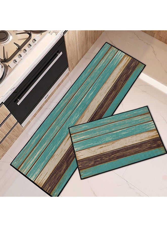 Tayney Rustic Kitchen Rugs and Mats Non Skid Washable Set of 2, Teal Country Wood Board Mats for Floor, Turquoise Brown Stripes Runner Rug Wooden Plank Texture Kitchen Decor - Image 1