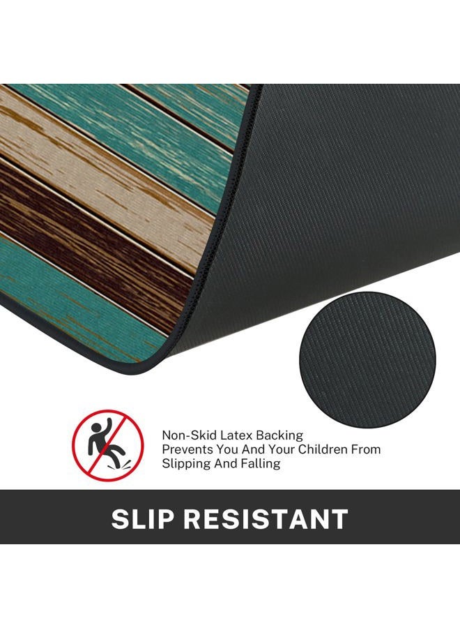 Tayney Rustic Kitchen Rugs and Mats Non Skid Washable Set of 2, Teal Country Wood Board Mats for Floor, Turquoise Brown Stripes Runner Rug Wooden Plank Texture Kitchen Decor - Image 5