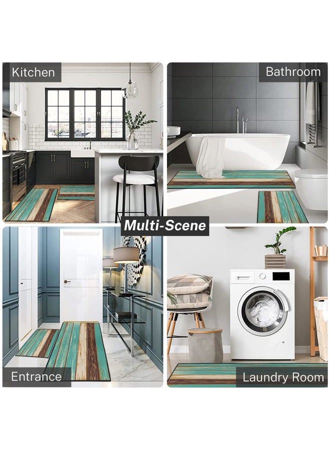 Tayney Rustic Kitchen Rugs and Mats Non Skid Washable Set of 2, Teal Country Wood Board Mats for Floor, Turquoise Brown Stripes Runner Rug Wooden Plank Texture Kitchen Decor - Image 4