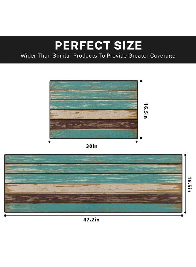 Tayney Rustic Kitchen Rugs and Mats Non Skid Washable Set of 2, Teal Country Wood Board Mats for Floor, Turquoise Brown Stripes Runner Rug Wooden Plank Texture Kitchen Decor - Image 3