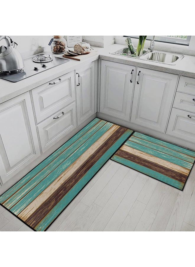 Tayney Rustic Kitchen Rugs and Mats Non Skid Washable Set of 2, Teal Country Wood Board Mats for Floor, Turquoise Brown Stripes Runner Rug Wooden Plank Texture Kitchen Decor - Image 2