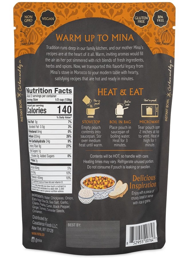 Mina Moroccan Chickpeas, Ready to Eat, Chickpeas High In Plant Based Protein, Vegan, Non-GMO, Gluten Free, Kosher, Microwavable, Packaged Meals & Side Dishes, 10 oz (Pack of 6) - Image 3