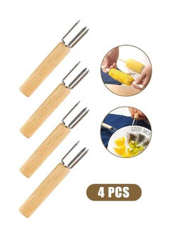 4 Pcs Barbecue Corn Needle Grilling Corn Cob Holders, Reusable Stainless Steel Wooden Handle Fruit Forks, Barbecue Tool for Home Cooking and BBQ