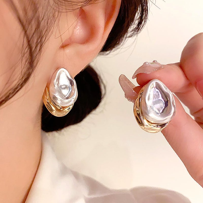 Uarein Two Tone Teardrop Stud Earring for Women Gold Silver Front Back Oval Bean Dangle Earrings Cute Post Ball Earrings Lightweight Chunky Jewelry Gifts (Waterdrop) - Image 4