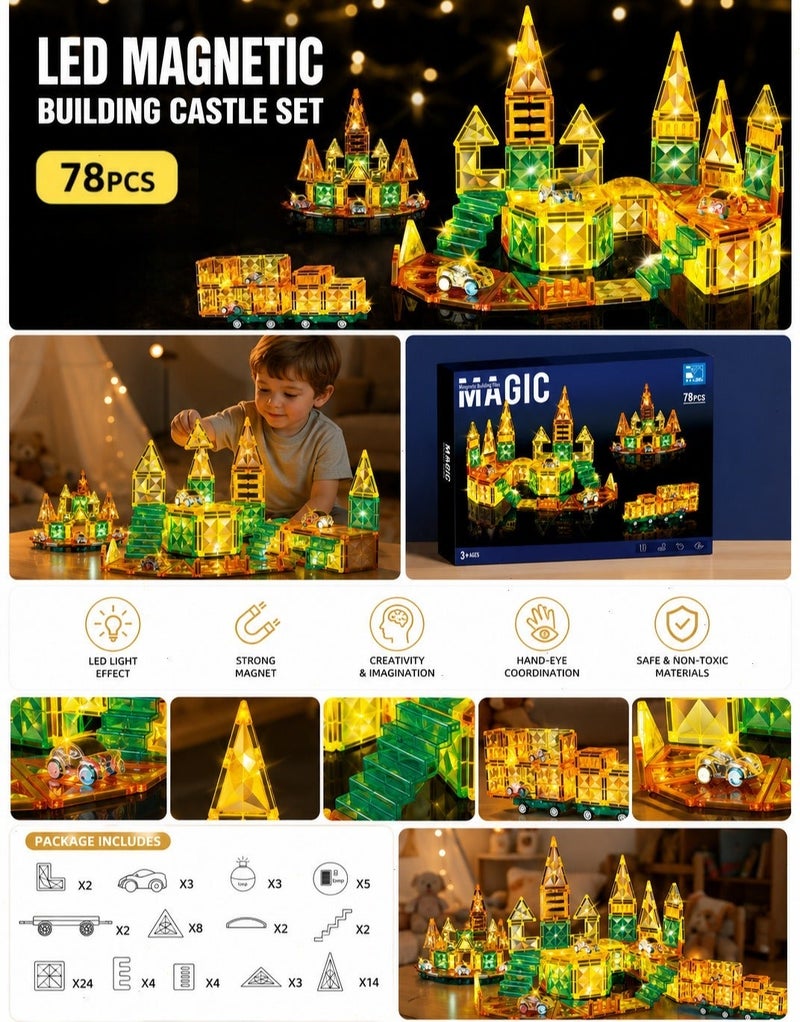 [78 Pcs] Magnetic Building Blocks Set with LED Glowing Tiles & Car CART Base - STEM Educational 3D Bricks Construction Set, Toys and Games Building Toys, Light Up Montessori Learning Gift for Kids Ages 3+ - Image 2