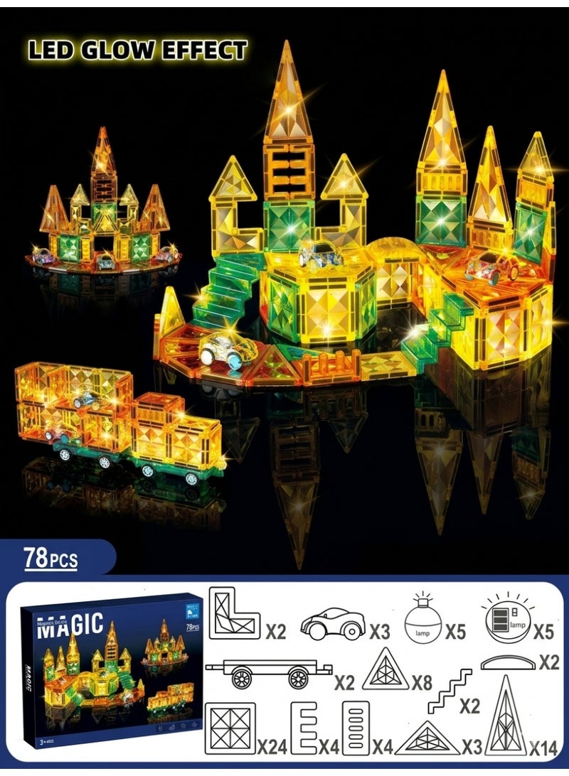 [78 Pcs] Magnetic Building Blocks Set with LED Glowing Tiles & Car CART Base - STEM Educational 3D Bricks Construction Set, Toys and Games Building Toys, Light Up Montessori Learning Gift for Kids Ages 3+ - Image 3