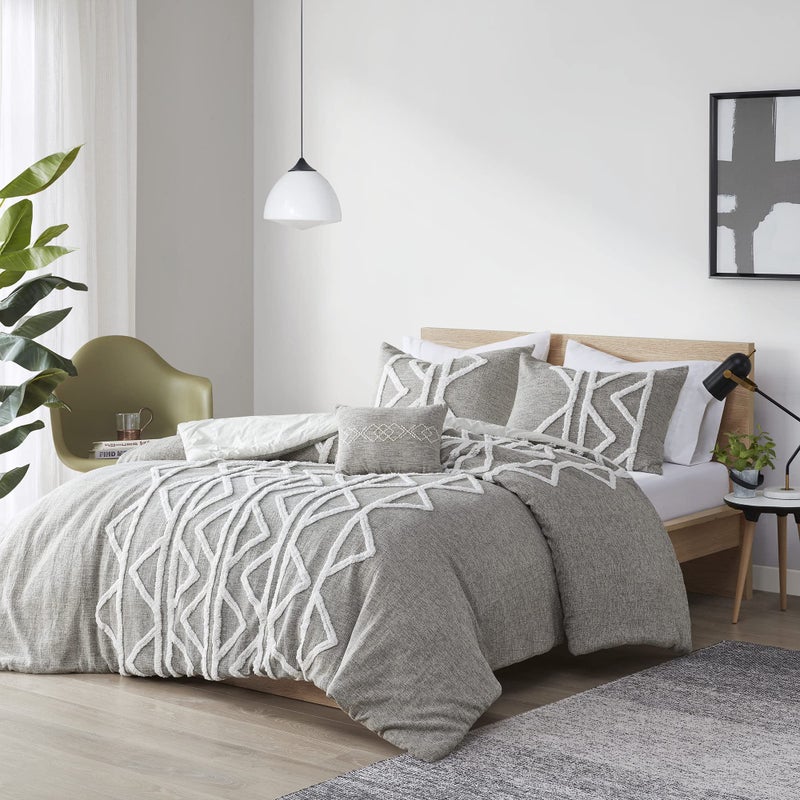 Ink+Ivy INKIVY Hayes 100 Cotton Comforter Mid Century Modern Design Chenille Tufted All Season Bedding Set Matching Shams Decorative Pillow FullQueen Yarn Dyed Gray 4 Piece 