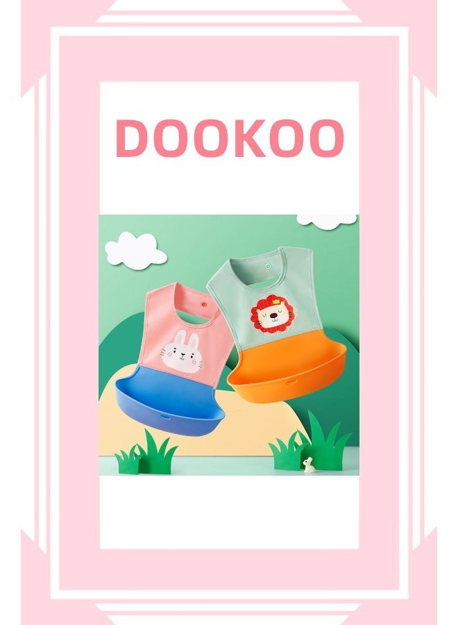 DOOKOO 2 PCS Baby Silicone Bibs With Storage Boxs and 2 Spoons, Infant Feeding Bib with Pocket for Boys Girls, Waterproof Adjustable，Silicone Baby Feeding Set, Self Feeding Spoons Forks Sippy Cup Adju